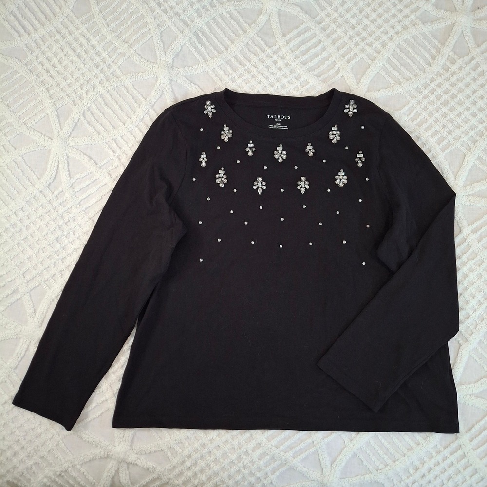 Talbots‎ Petite XL Black Long Sleeve Embellished Jewel Crew Neck T-Shirt Top